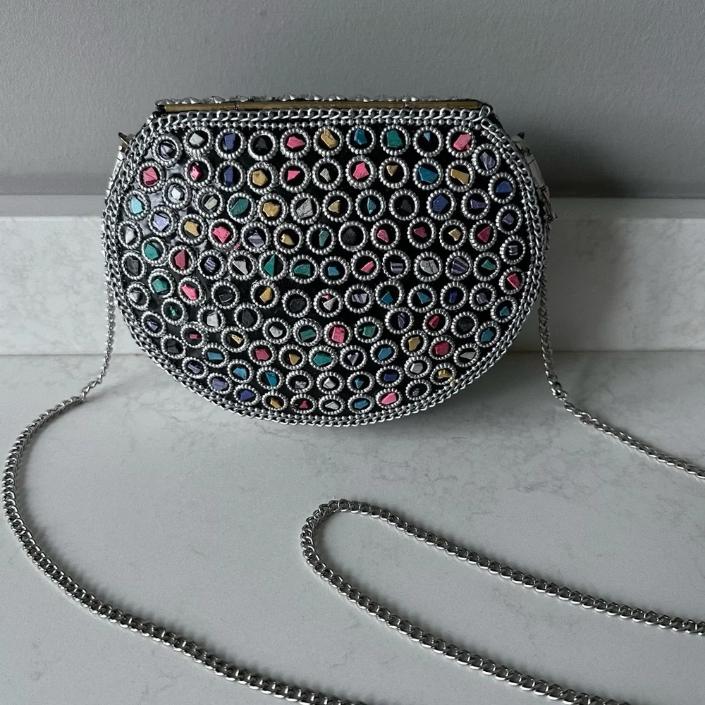 NEW Never Used Ramla Handmade Silver with Multi Colored Mosaic Beaded Clutch